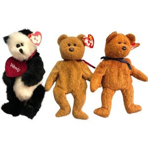 Lot of Beanie Babies Checkers, Curly, and Fuzz